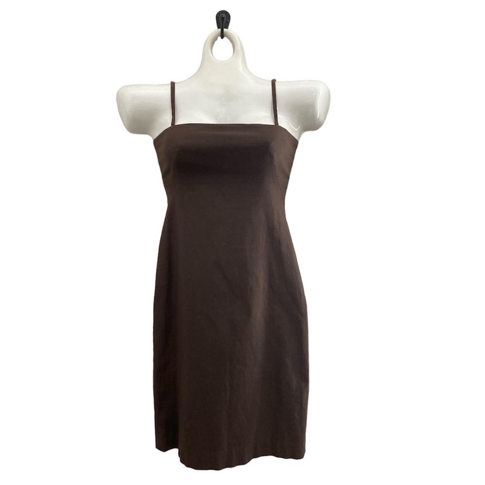 Theory brown spaghetti strap square neck midi dress